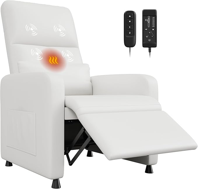 GarveeHome Power Recliner Chair with Massage and Heat, Adjustable Electric Recliner Ergonomic Overstuffed PU Leather Single Sofa, 2 Side Pockets and USB Port, Home Theater Seating for Living Room