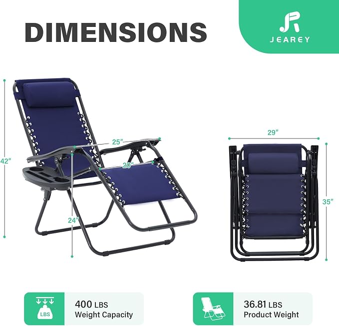 JEAREY Zero Gravity Lounge Chairs Set of 2, Adjustable Steel Mesh Recliners with Pillows and Cup Holder Trays for Patio, Garden, Beach, Navy Blue - Image 3