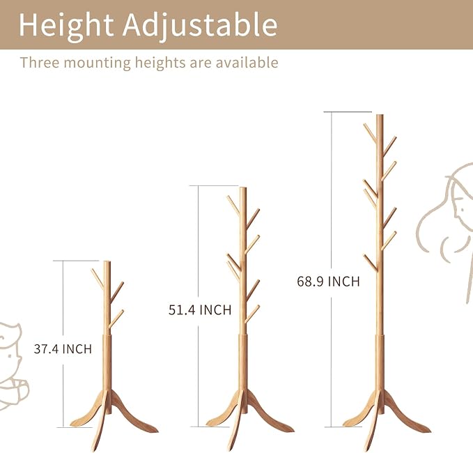 Coat Rack Freestanding, Coat Stands Entryway, Bamboo Coat Rack Hat Hanger 8 Hook for Jacket, Purse, Scarf Rack, Umbrella Tree Stand (Natural) - Image 3