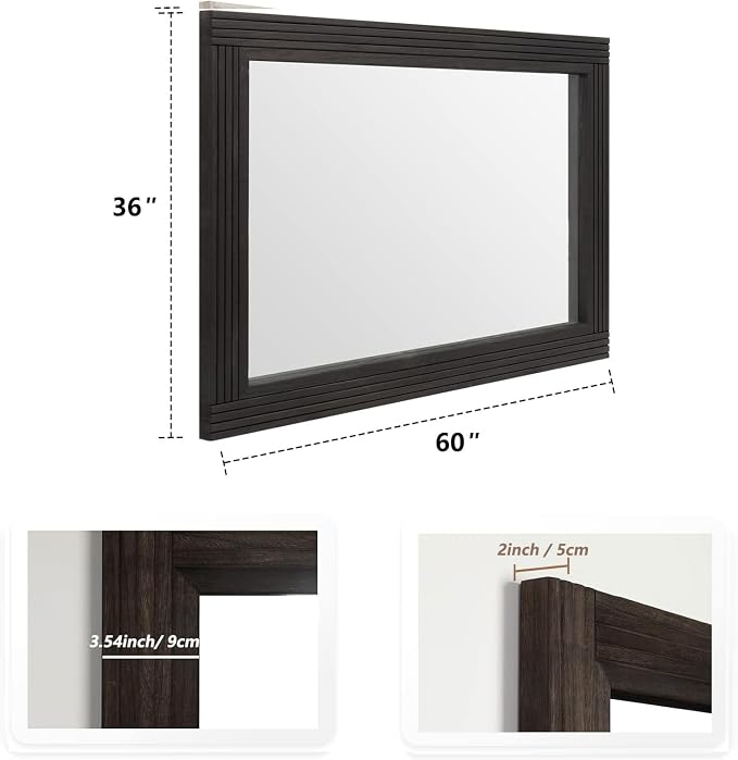 YOSHOOT Hand-Made Wooden Spliced Wall Mirror for Bathroom, Rustic Farmhouse Vanity Mirror, Décor Wall Art, Solid Wood Frame, Vertical or Horizontal Hanging, 60" x 36", Black - Image 4