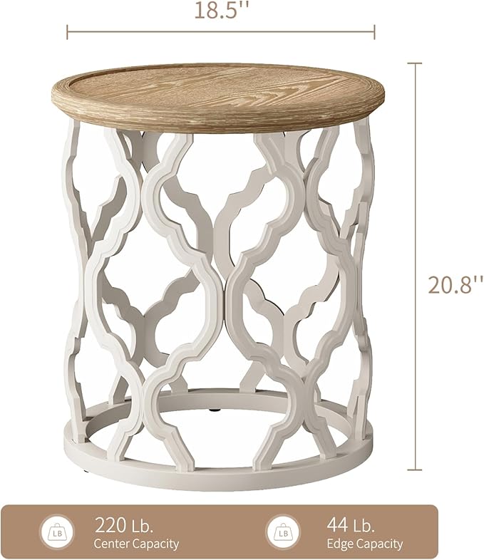 karlott Farmhouse End Table, 18.5'' French Country Round Side Table, Distressed Tray Top Side Table with Curved Motif Frame Base for Boho, End Tables Living Room, Bedroom, Small Space, Easy Assembly