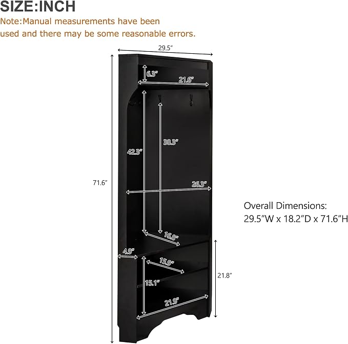 LUMISOL Corner Entryway Hall Tree with Shoe Bench, Slim Mudroom Coat Rack with 4 Hooks, Corner Cabinet with Adjustable Shelf for Living Room Hallway, Black - Image 2