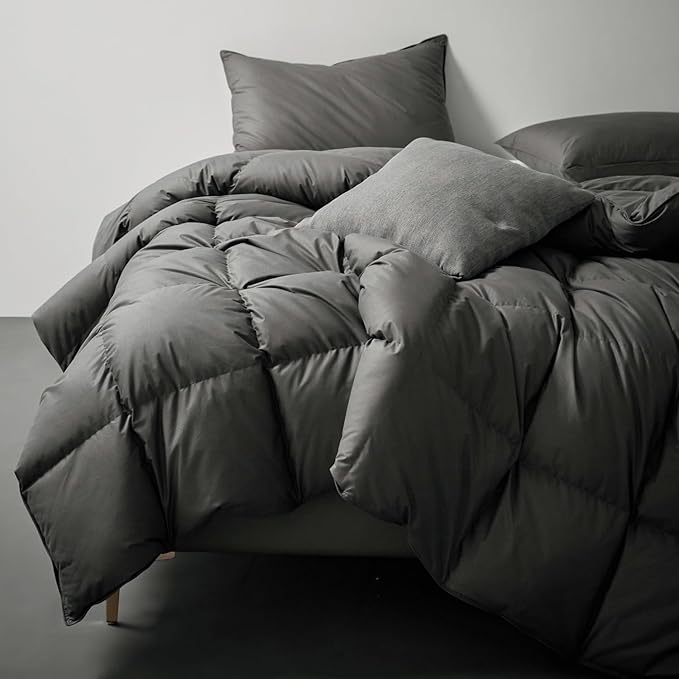 Royoliving Premium Feathers Down Duvet Insert Comforter Twin Size Charcoal Gray All Season Medium Warmth Grey 100% Cotton Cover with Corner Tabs (68x90, 35 oz)