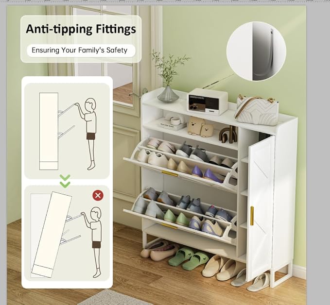 White Shoe Cabinet with 2 Flip Drawers Door, 43"W Hidden Shoe Organizer Cabinet Storage for Entryway, Closet, Boot, Adjustable Shelves, Narrow Shoe Rack Freestanding Cupboard, At Least 20 Pair - Image 7