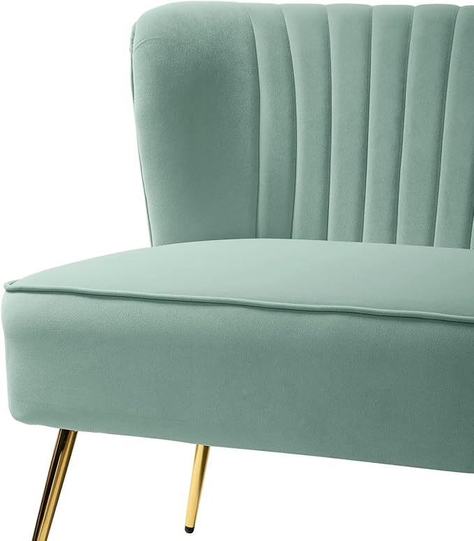 HULALA HOME 3 Piece Velvet Living Room Furniture Set, Modern Comfy Upholstered Chair Set with Golden Legs, Include Loveseat & 2 Accent Chairs for Bedroom, SAGE Tufted 2-Seater Sofa & Armless Chairs