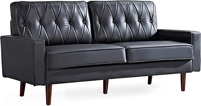Container Furniture Modern Style Faux Leather Sofa with Elegant Round Tapered Legs and Button Tufted Backrest Perfect for Living Room, Bedroom or Home Office, 69.3’’ Wide, Black