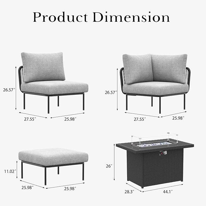 LayinSun 7 Pieces Aluminum Patio Furniture Set, Modern Modular Sectional Sofa with Fire Pit Table and Upgrade Thickness Cushion