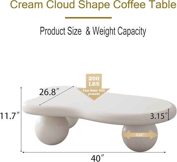 40” Cloud Coffee Table with 3 Ball Legs, Modern Irregular Center Table for Living Room, Low Cute Small MDF Tea Table for Bedroom, Space Apartment Cream White