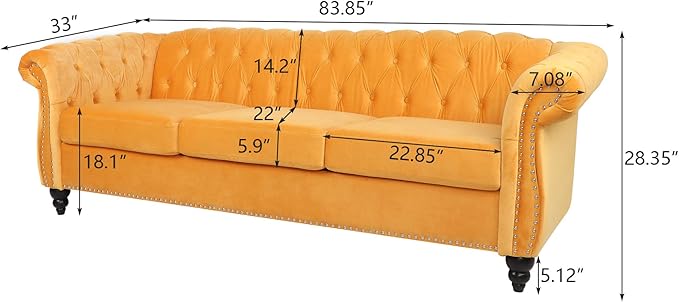 LEVNARY Velvet Chesterfield Sofa, Classic Tufted Upholstered Couch, Modern 3 Seater Couch Long Settee Furniture with Tufted Back for Living Room Office (Yellow)