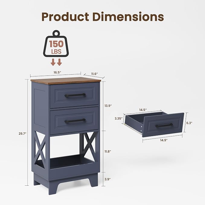 Tall Nightstand Set of 2 Side Table Modern Night Stand with 2 Drawers Wooden Rustic End Table Bedside Table with Upper Open Shelf Solid Feet for Bedroom Navy Blue+Walnut - Image 3