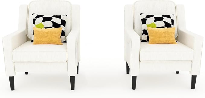 Ribilake Cream Accent Chair Set of 2 - High Back Upholstered Armchair, Comfy Living Room Arm Chair, Reading Accent Chairs for Bedroom, Apartment, Office, Single Sofa with Wood Legs
