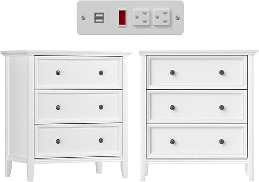 IKENO 3 Drawer Nightstand with Charging Station, Solid Wood Set of 2, End Table with USB Ports & Outlets, Modern Bedside Table with Storage Drawers for Bedroom, Living Room, White by IKENO