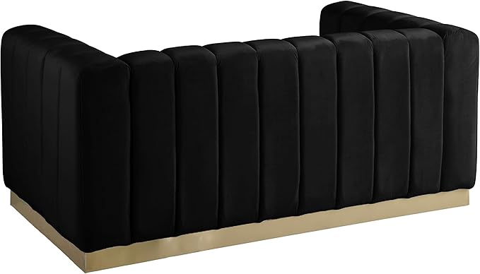 Meridian Furniture 603Black-L Marlon Collection Modern | Contemporary Velvet Upholstered Loveseat with Deep Channlel Tufting and Brushed Gold Finish, Black, 62.5" W x 34" D x 28" H