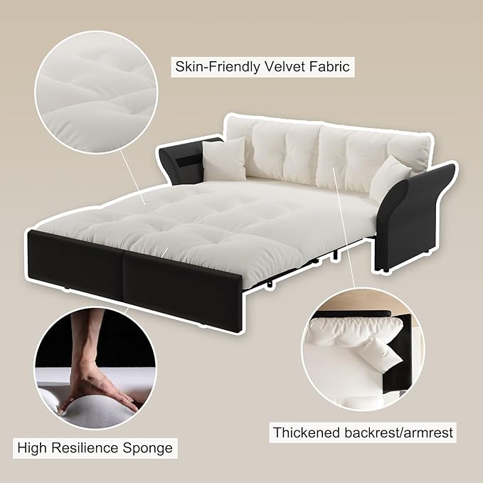 Eafurn 3-in-1 Convertible Sofa Bed Queen Size Pull Out Sleeper Sofa with Skin-Friendly Velvet Fabric, Multi-Functional Loveseat with Pillow Armrest for Guest Room & Living Room