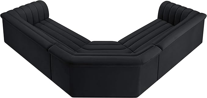 Meridian Furniture 194Black-Sectional Cascade Collection Modern | Contemporary Modular Sectional with Soft Black Velvet Fabric, Deep Channel Tufting, Curved Arms, 148" W x 80" D x 28" H, Black
