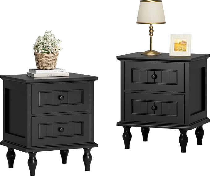 Scurrty Nightstand Set of 2, Antique Style End Table with 2 Drawers, Taller Nightstand for Bedroom, Side Table for Bedroom (Black) by Scurrty