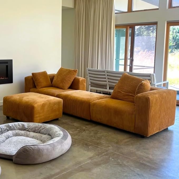 Acanva Corduroy Convertible Modular L Shaped Sectional Sofa, 4 Seater Free Combination Corner Couch, Convertible to DayBed, Wide Loveseat with Moveable Ottomans for Small Spaces, Sleeper Bed, Yellow
