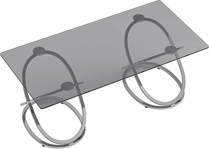 47" Rectangle Coffee Table with Tempered Glass Tabletop, Modern Chrome Ring Base, Gray, Luxury Living Room Center Table