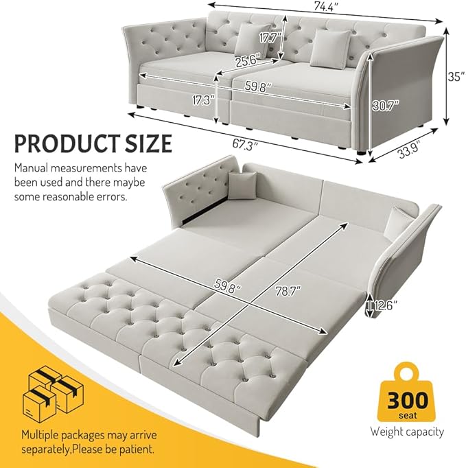 ERYE 3-in-1 Foldable Sleeper Sofa Bed Velvet Fabric Loveseat Sofabed, 74-Inch Queen Loveseat Convertible Pull Out Sleeper Couch Bed with Flower Tufted Accent, Easy Assemble