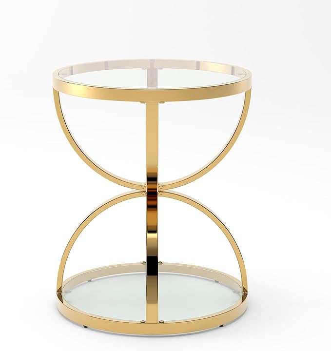 20" Tempered Glass Round Coffee Table Modern Gold Frame Dome Base Two Tiers Circle Small Living Room Center Tables
