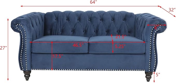 LEVNARY Velvet Sofa, Chesterfield Tufted Upholstered 2 Seater Couch, Modern Loveseat Couch Classic Furniture for Living Room Bedroom (Blue)