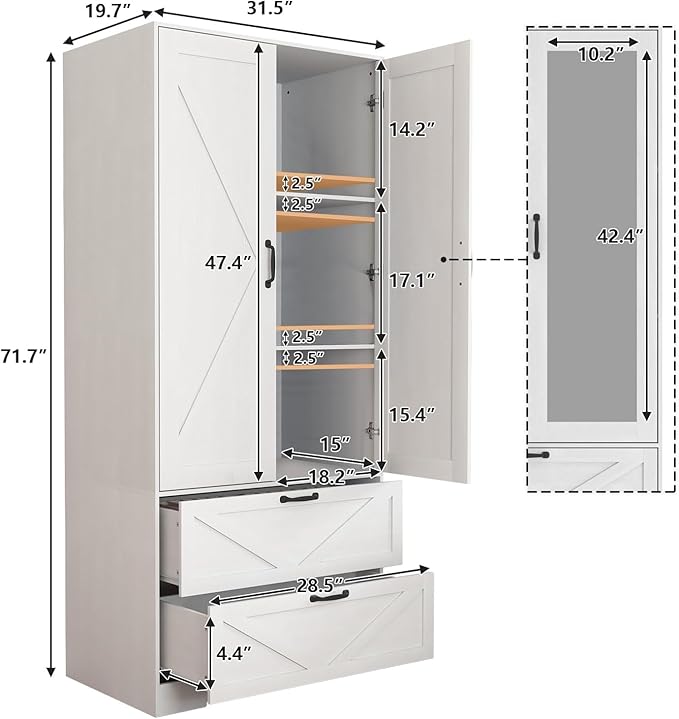 White Armoire Wardrobe Closet with Mirror Door and LED Lights,72" Tall Farmhouse Bedroom Armoire with Drawers and Adjustable Shelves,Wooden Armoire Wardrobe Closet for Bedroom