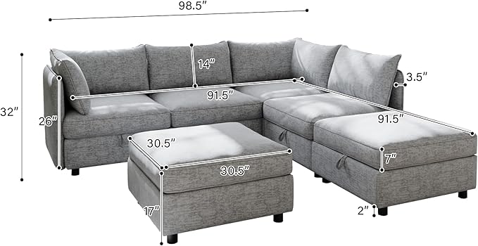 Oversized Modular Storage Sectional Sofa Customizable Seating Group Sofa&Couch Convertible Sleeper Sofabed with Movable Ottomans and Seat, U-Shaped Chenille Upholstered Sofa Couch for Living Room