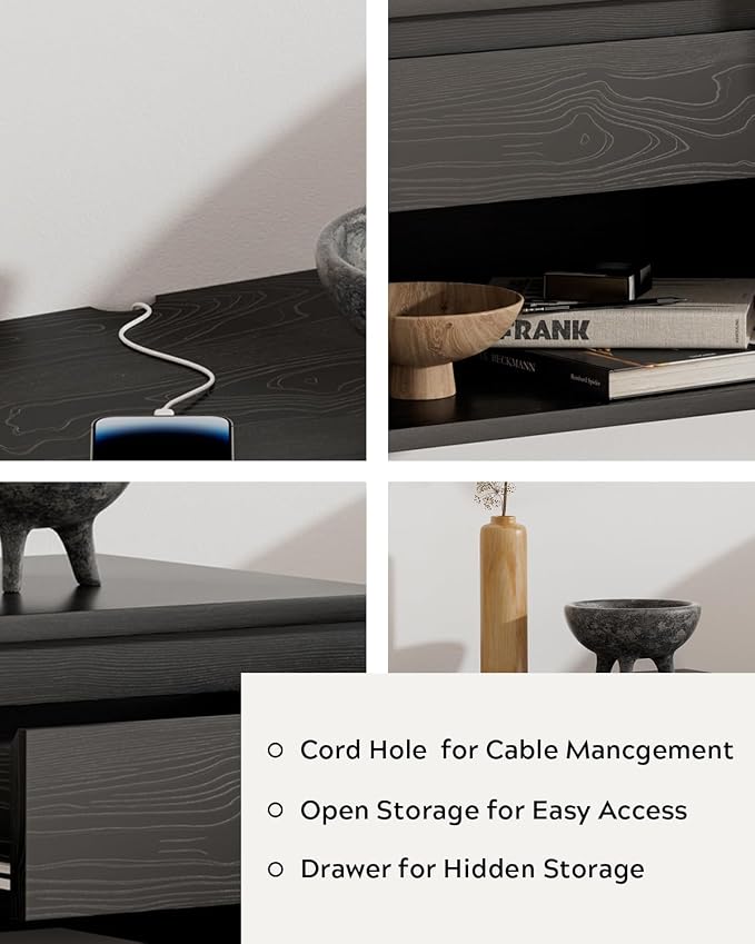 Mid Century Modern Floating Nightstand Set of 2, Wall Mounted End Table with Drawer and Open Compartment Wooden Bedside Night Stand Small Storage Cabinet for Bedroom, Black - Image 3