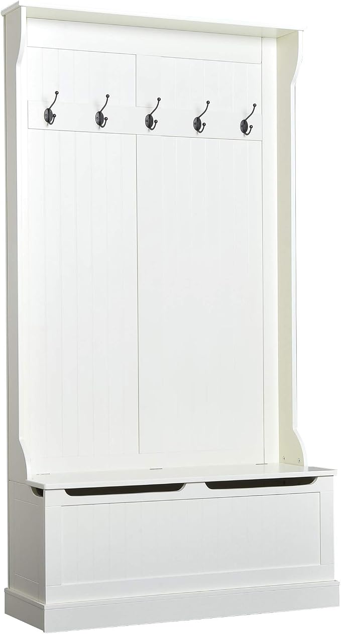HOMCOM Hall Tree with Bench and Shoe Storage, 3-in-1 Entryway Bench with Coat Rack, 5 Hooks and Flip Top Storage Compartment, Cream White by HOMCOM