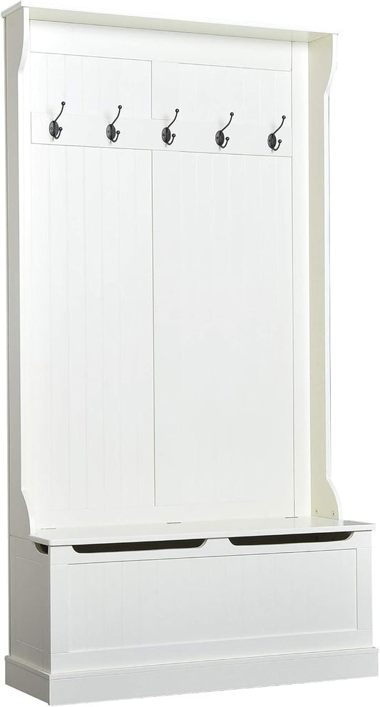 HOMCOM Hall Tree with Bench and Shoe Storage, 3-in-1 Entryway Bench with Coat Rack, 5 Hooks and Flip Top Storage Compartment, Cream White by HOMCOM