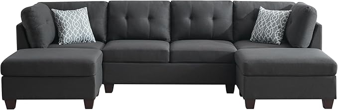 118-Inch Symmetrical Sectional Couch Linen Cloud Cushion Upholstered Sofas, U- Shaped Modular Sectional Sofa with 2 Movable Ottoman Chaise Lounges for Living Room