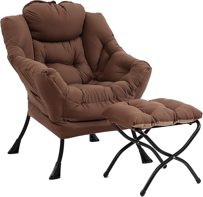Furlide Lazy Chair with Ottoman, Modern Accent Chairs with Folding Footrest, Dark Brown Sofa Chair Set, Comfortable Reading Chairs, Oversized Armchairs for Bedroom, Study, Living Room, Courtyard