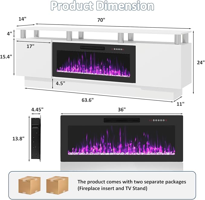 PUKAMI 70" Fireplace TV Stand with 36" Electric Fireplace, LED Light Entertainment Center with Storage, 2 Tier Modern Wood Media TV Console with Highlight Cabinet for Living Room, White - Image 8