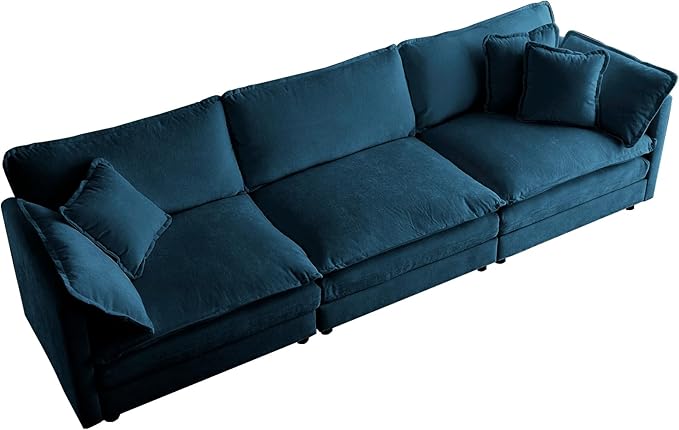 KEIKI Combination Sofa, Upholstered 3 Seater Couch, Oversized Sectional Sofa with Reversible Ottoman for Living Room Bedroom Office, Blue