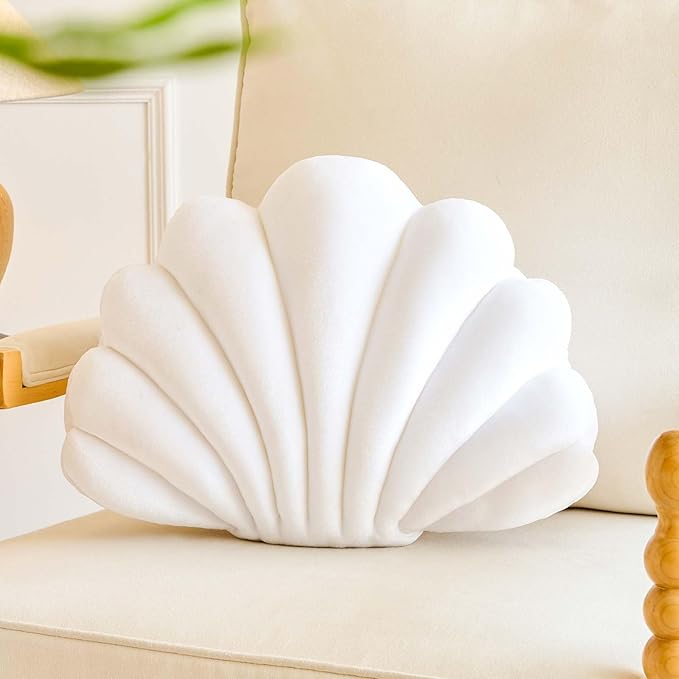 Lfsaaj White Seashell Throw Pillows, Shell Shaped Throw Pillows, 13 Inch Soft Velvet Home Decorative Pillow Plush Cushion for Bed Couch Living Sofa Room Decor Accent Throw Pillow
