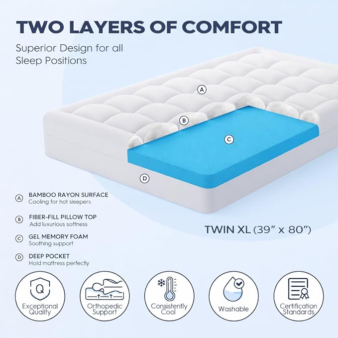ELEMUSE Twin XL Dual Layer 3 Inch Memory Foam Mattress Topper for College Studends, Dorm Room Essentials, 2 Inch Cooling Gel Foam and 1 Inch Soft Pillow Top Bed Pad,Back to School Comfortable Support