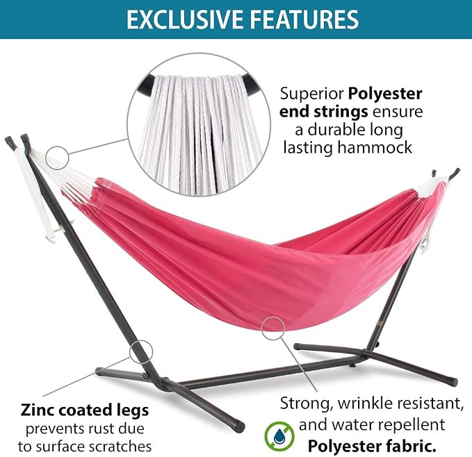 Vivere Double Polyester Hammock with Space Saving Steel Stand and Premium Carry Bag - 450 lb Capacity (Hot Pink) - Image 4