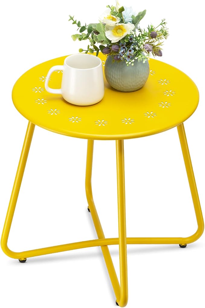 danpinera Outdoor Side Tables with Flower Cut Outs, Weather Resistant Steel Patio Side Table, Small Round Outdoor End Table Metal Side Table for Patio Yard Balcony Garden Yellow by danpinera