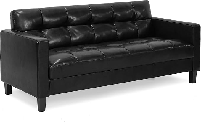 Furinno BRIVE Loveseat Sofa, Tufted Leather Upholstered 3-Seater 75" Wide Couch, Wood Frame, Easy Assembly, for Living Room, Bedroom, Plain Black Leather