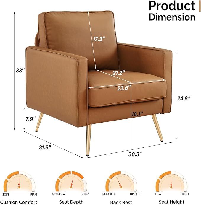 VINGLI PU Leather Accent Chair Brown Mid Century Modern Upholstered Sofa Chairs with Arms, Gold Legs for Living Room, Bedroom, Apartment