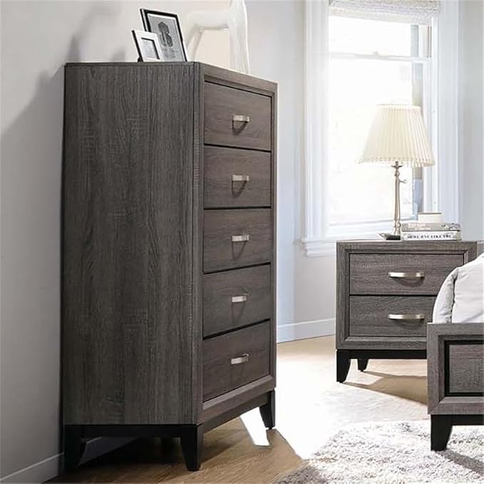 Stonecroft Furniture Sunset Avenue 5 Piece Queen Bedroom Set, Gray Oak Finish, Asian Hardwood Construction, Includes Bed, Dresser, Mirror, Chest, and Nightstand, Traditional Style Master or Guest