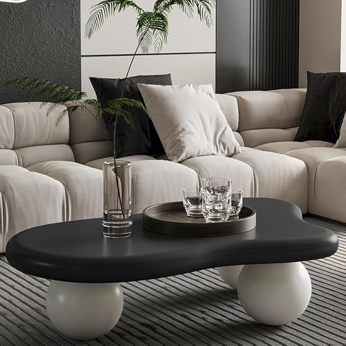 40” Cloud Coffee Table with 3 Ball Legs, Modern Irregular Center Table for Living Room, Low Cute Small MDF Tea Table for Bedroom, Space Apartment-Black White