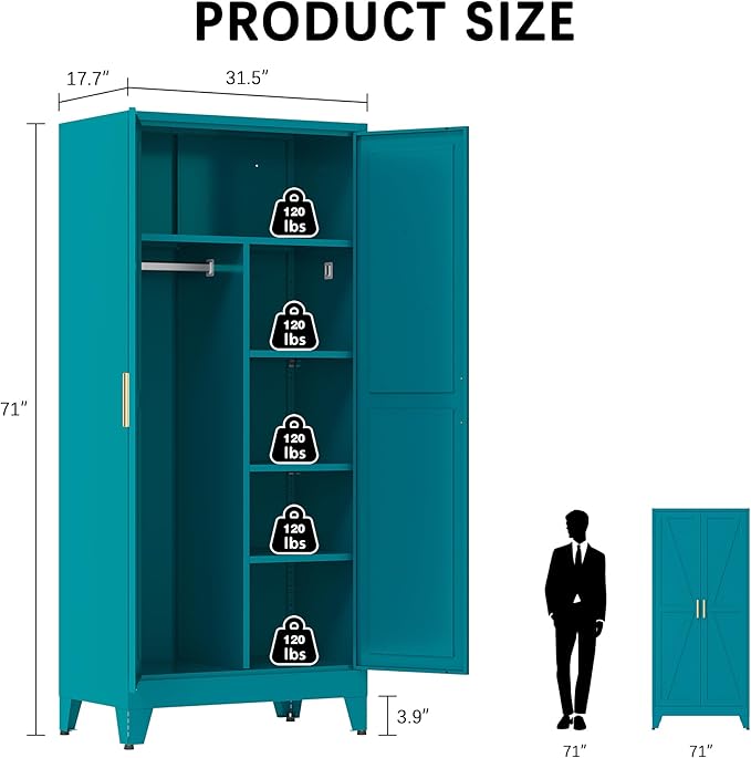 71" Tall Metal Armoire Wardrobe Closet, Clothing Storage Cabinet, Freestanding Wardrobe Cabinet with 4 Adjustable Shelves for Bedroom, Office, Garage
