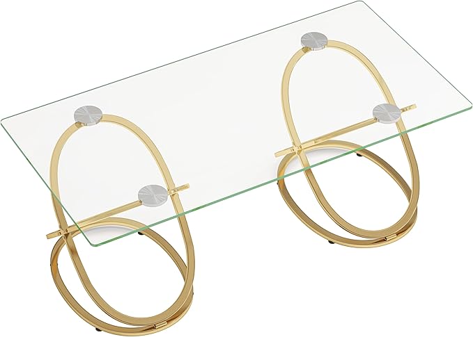 47" Rectangle Coffee Table with Tempered Glass Tabletop, Modern Gold Ring Base, Luxury Living Room Center Table