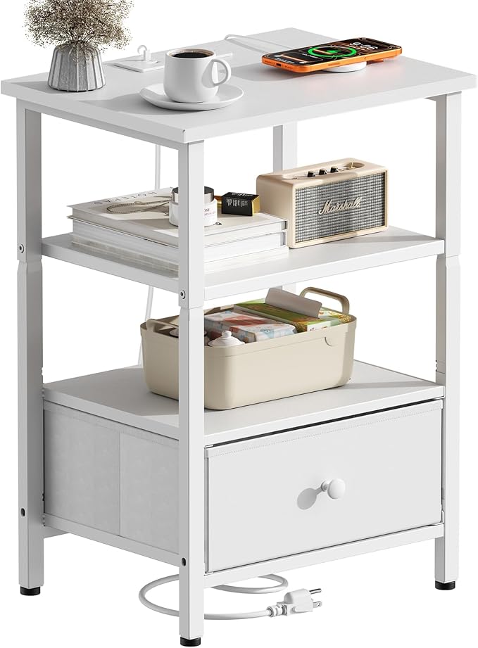Side Table with Charging Station, Nightstand with Adjustable Fabric Drawer, Bedside Table for Bedrooms, Living Rooms & Home Decor (White) by Tensirock