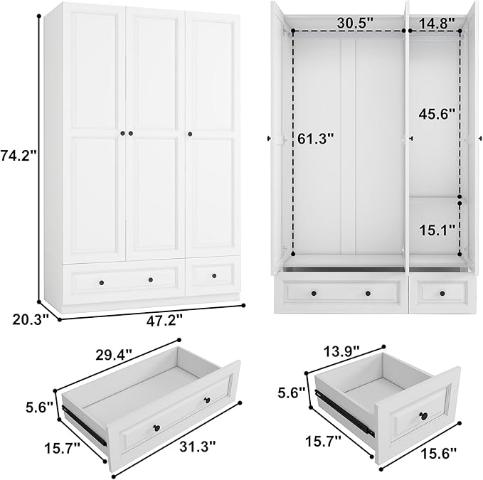 Armoire Wardrobe Closet with Drawers: 74" White Wardrobe Closet with 3 Doors, Bedroom Armoires with 2 Drawers, Wood Closets Cabinet for Hanging Clothes (White, 47")