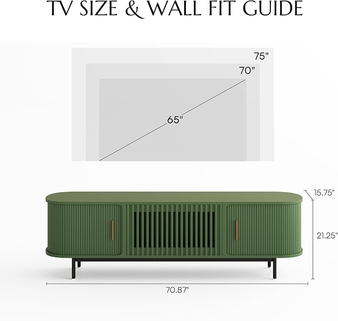 POVISON Fully-Assembled Modern Green TV Stand with Tambour Doors, Fluted TV Media Console for 65 Inch TVs, Sliding Door Entertainment Center with Storage for Living Room (Green, 70.87") - Image 3