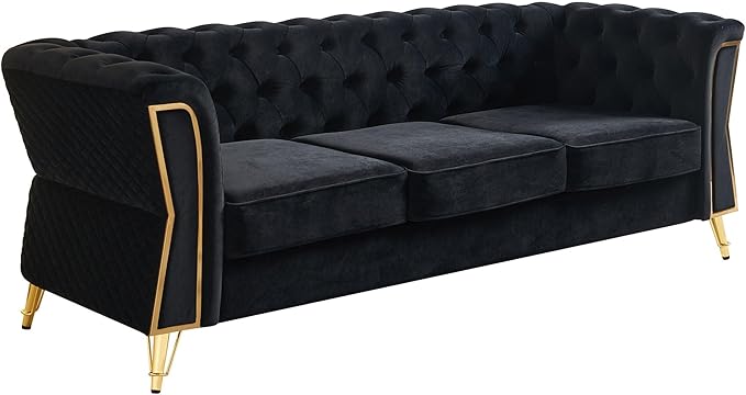 KEIKI 87" Chesterfield Velvet Button Tufted Sofa with High Density Foam Cushions, Modern Style 3-Seater Couch with Gold Strip Trim Decoration, Easy Assembly, for Apartment, Living Room, Office, Black