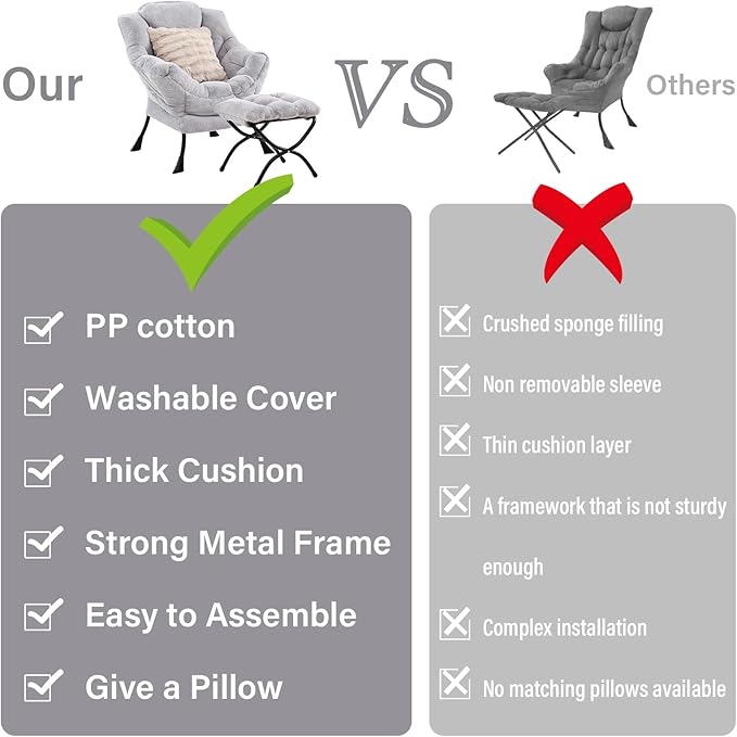Lazy Chair with Ottoman, Large Light Grey Accent Chair with Ottoman and FA Throw Pillow, Comfy Plush Reading Chair for Living Room Bedroom Dorm Room Office Apartment Relaxing Use