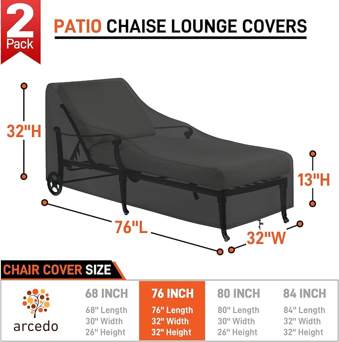 Arcedo Outdoor Lounge Chair Covers 2 Pack, Waterproof Patio Chaise Lounge Cover for Outdoor Furniture and Outside Stackable Cushions, 76" x 32" x 32" H, Black - Image 2